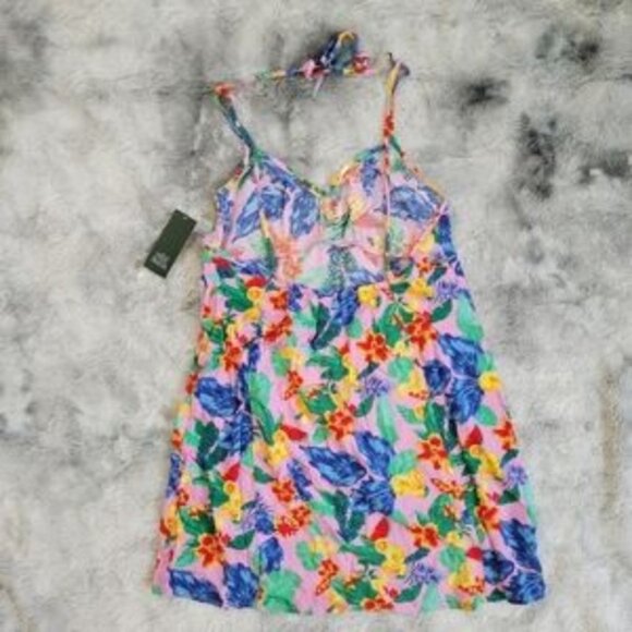 New Wild Fable Pink Tropical Fruit Mini Halter Tie Neck Dress Women's M Colorful - Picture 10 of 10